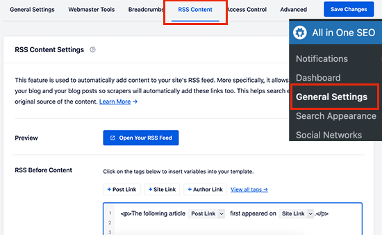 Ajouter du contenu personnalisé à votre flux RSS WordPress en utilisant All in One SEO Ajouter du contenu personnalisé à votre flux RSS WordPress en utilisant All in One SEO
