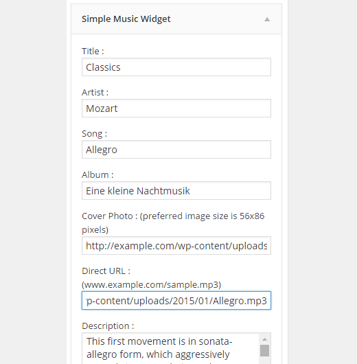 Paramètres simples du widget Musique Paramètres simples du widget Musique