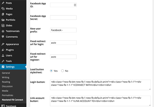 Paramètres du plugin Nextend Facebook Connect Paramètres du plugin Nextend Facebook Connect