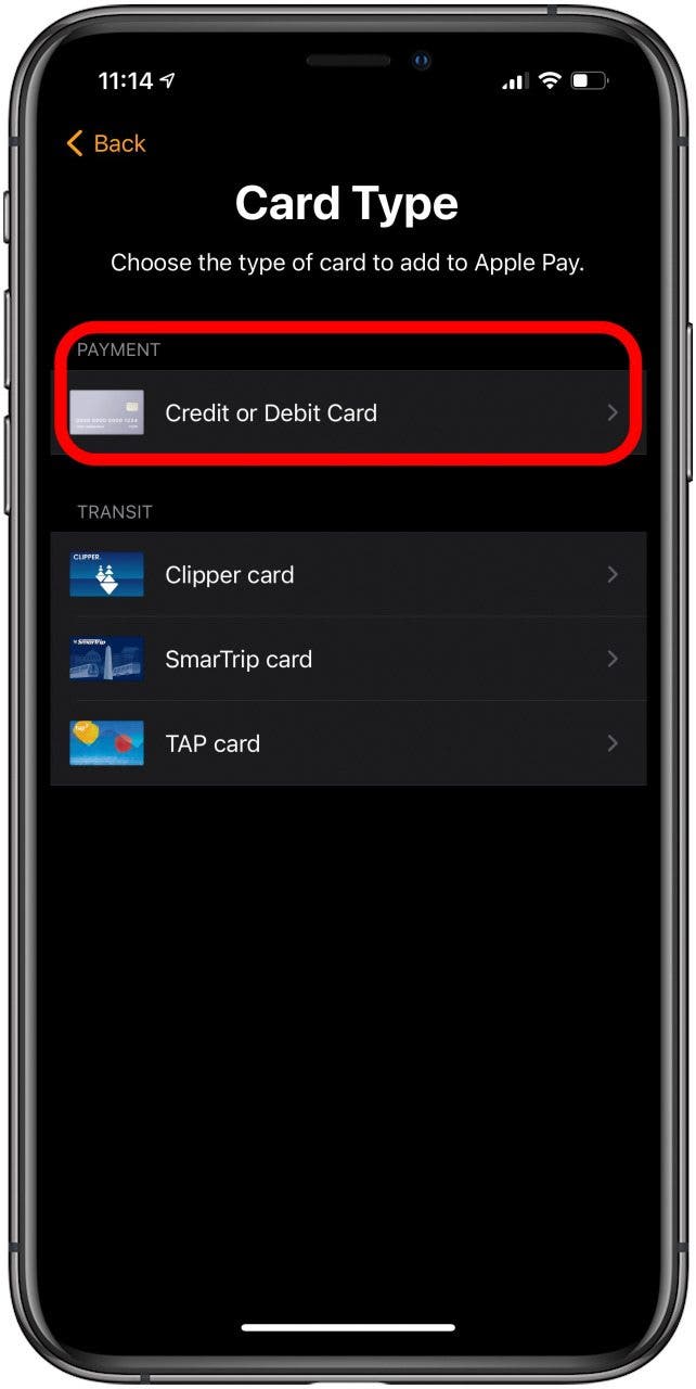 Sous Paiement, appuyez sur Carte de crédit ou de débit.