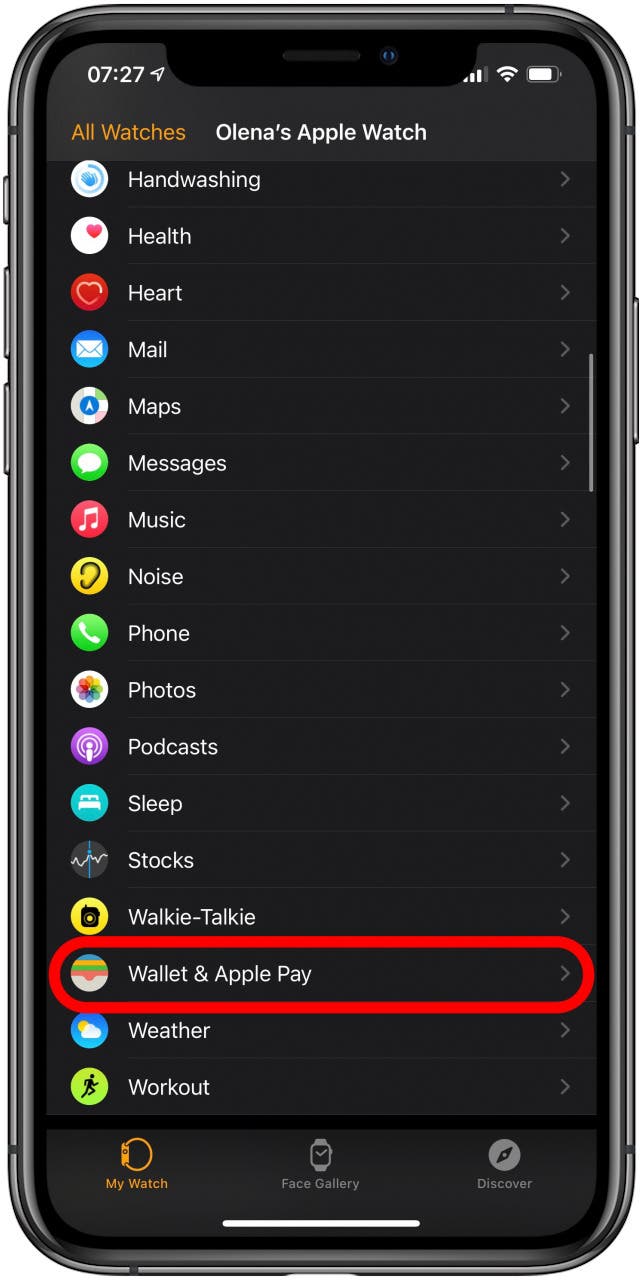 Appuyez sur Wallet et Apple Pay sous l'onglet Ma montre.