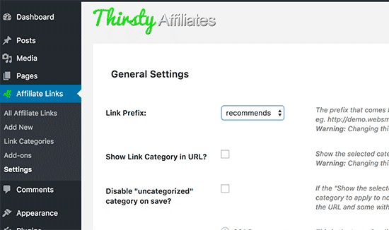 Page des paramètres de ThirstyAffiliates Page des paramètres de ThirstyAffiliates