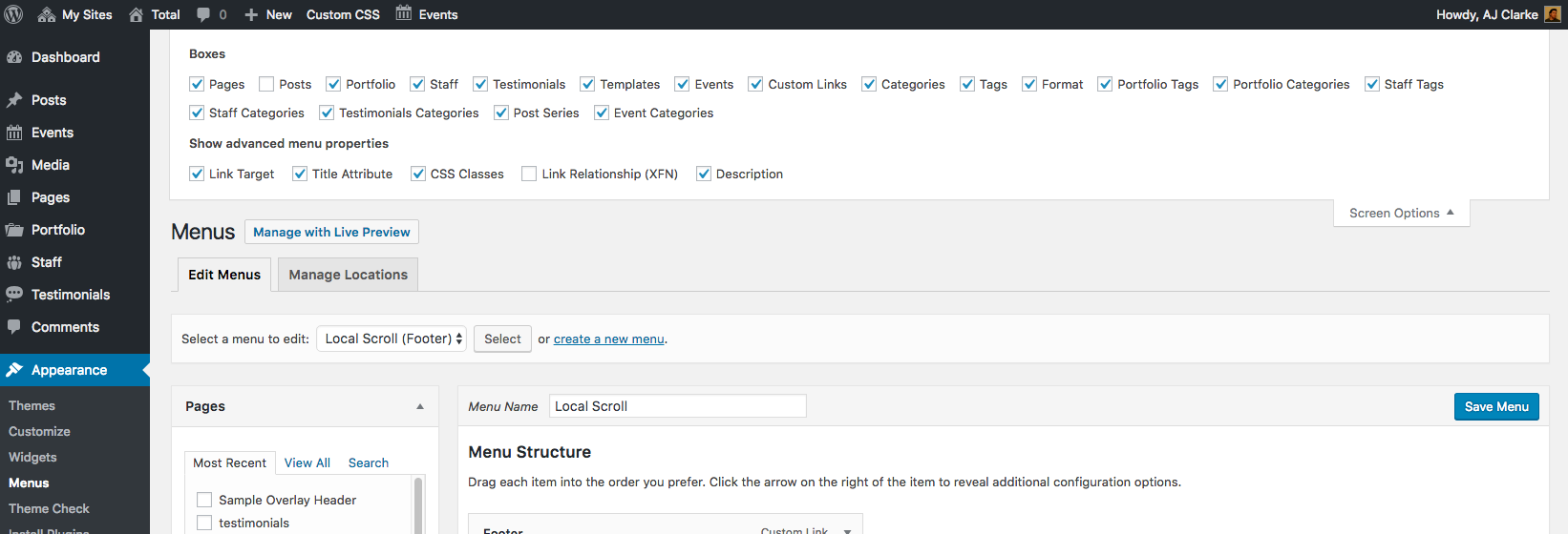 Options de l'écran du menu WordPress