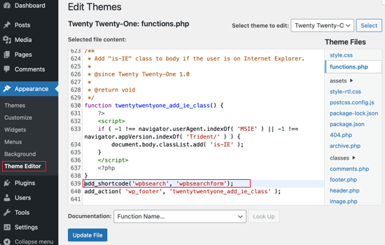 Modification de functions.php dans l'éditeur de thème