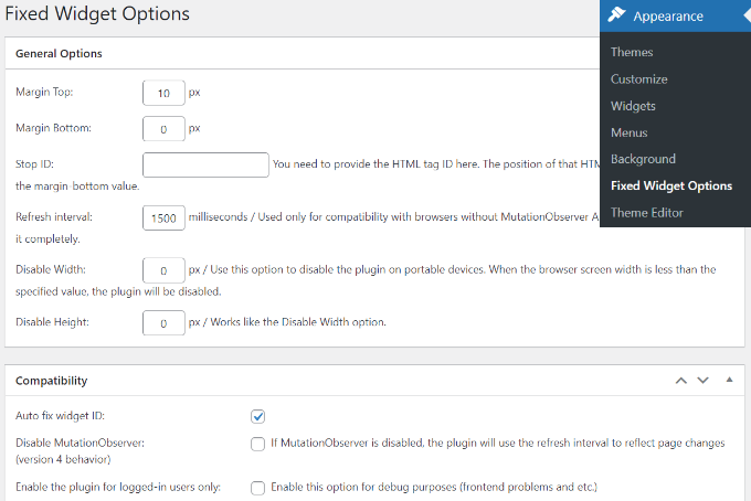 Paramètres du plug-in de widget fixes Paramètres du plug-in de widget fixes
