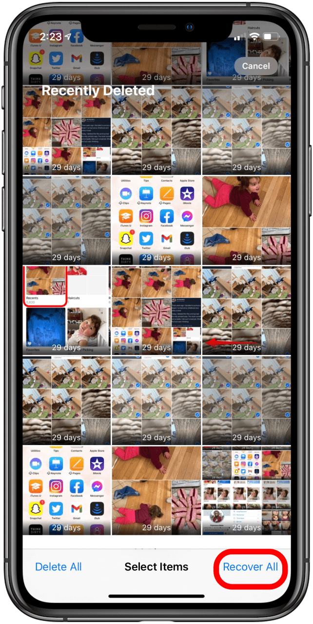 appuyez sur tout récupérer pour confirmer la récupération de photo