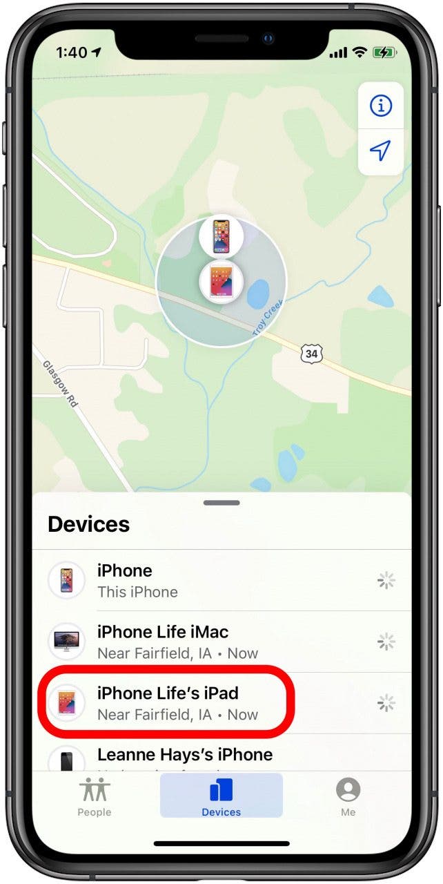 appuyez sur l'appareil manquant dans la recherche de mon application