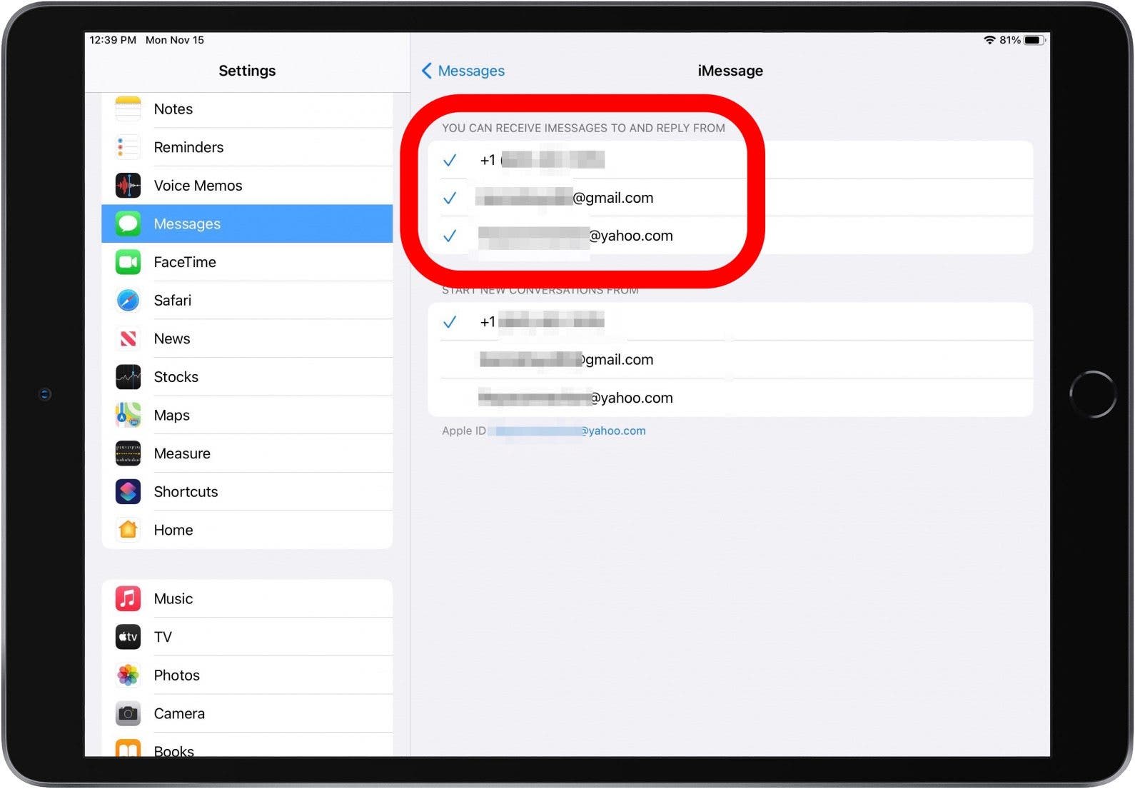 synchroniser les messages avec les paramètres d'envoi de messages ipad