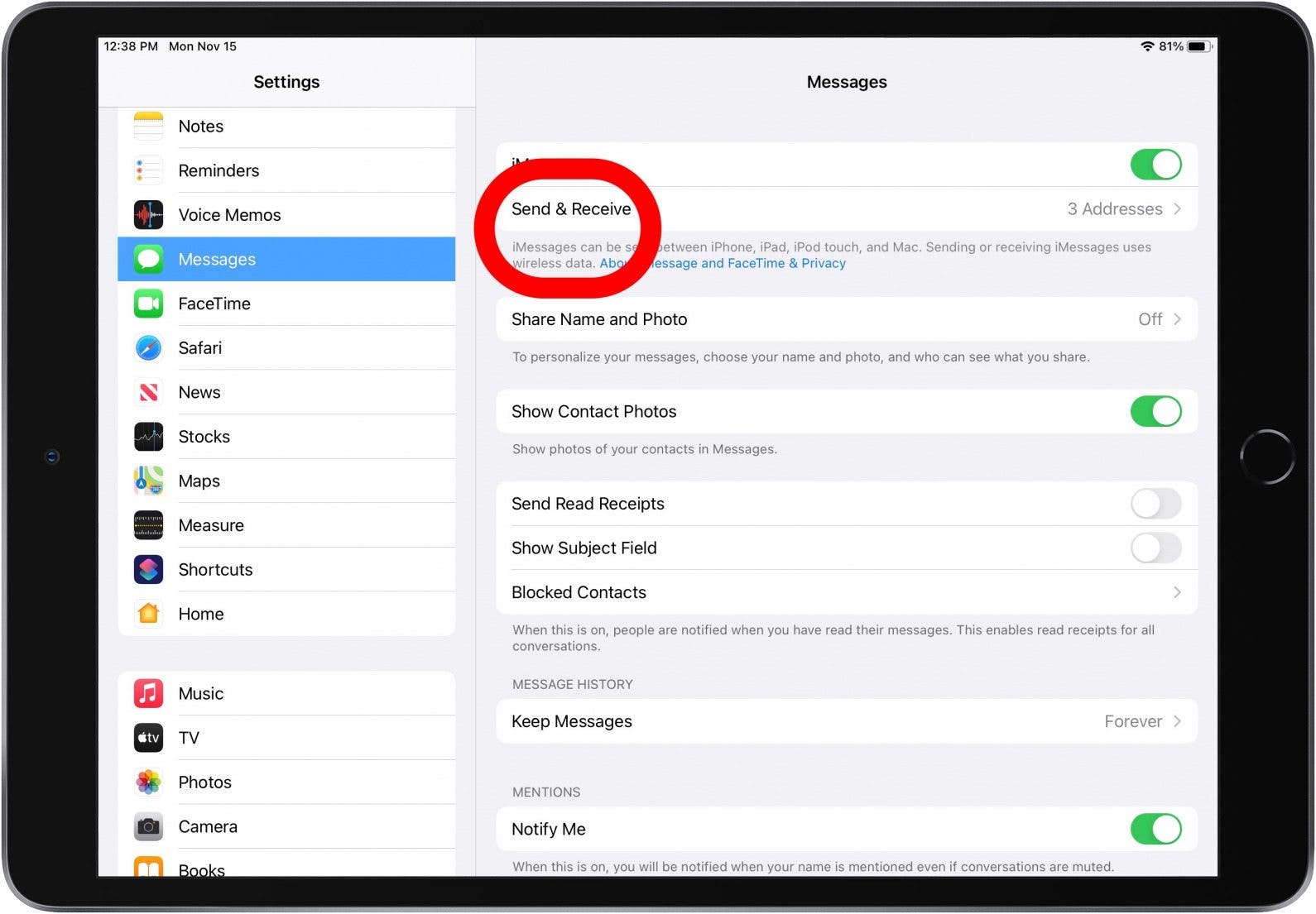 envoyer et recevoir les paramètres de l'ipad