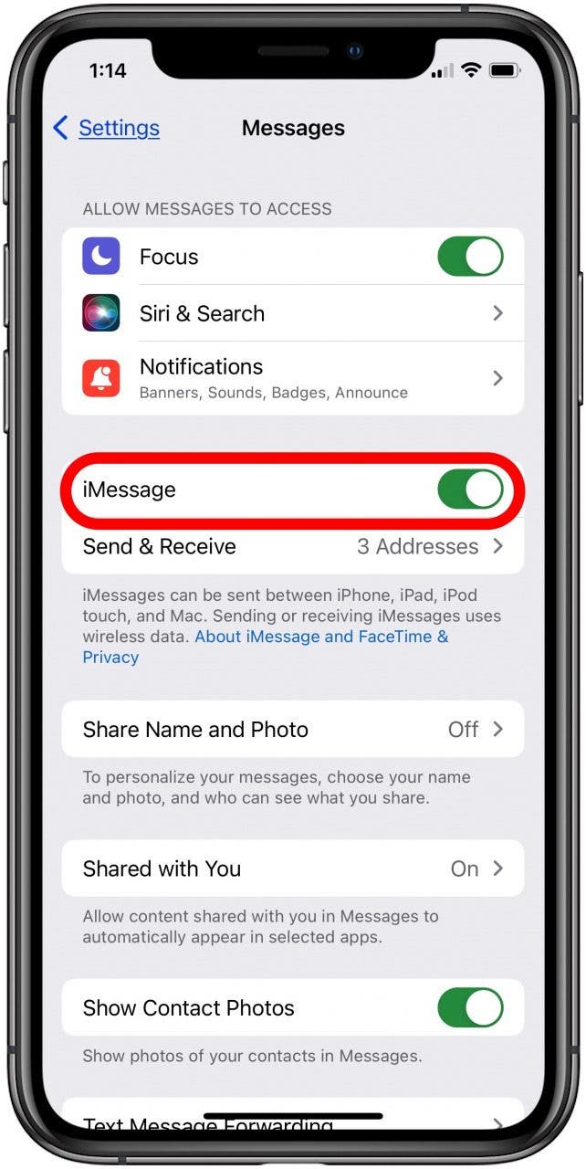 assurez-vous que imessage est activé