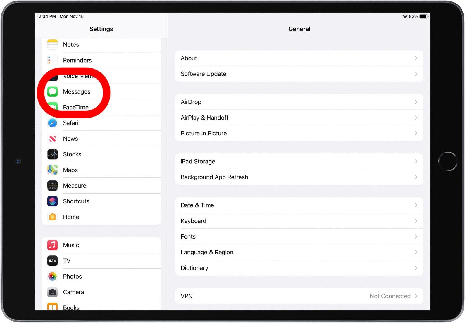 appuyez sur les messages dans les paramètres de l'ipad