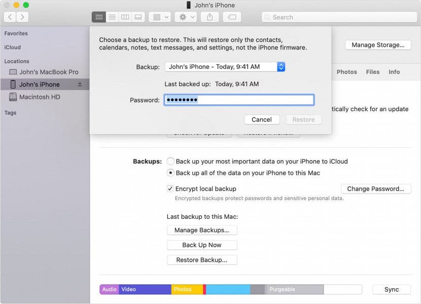 restaurer depuis le finder