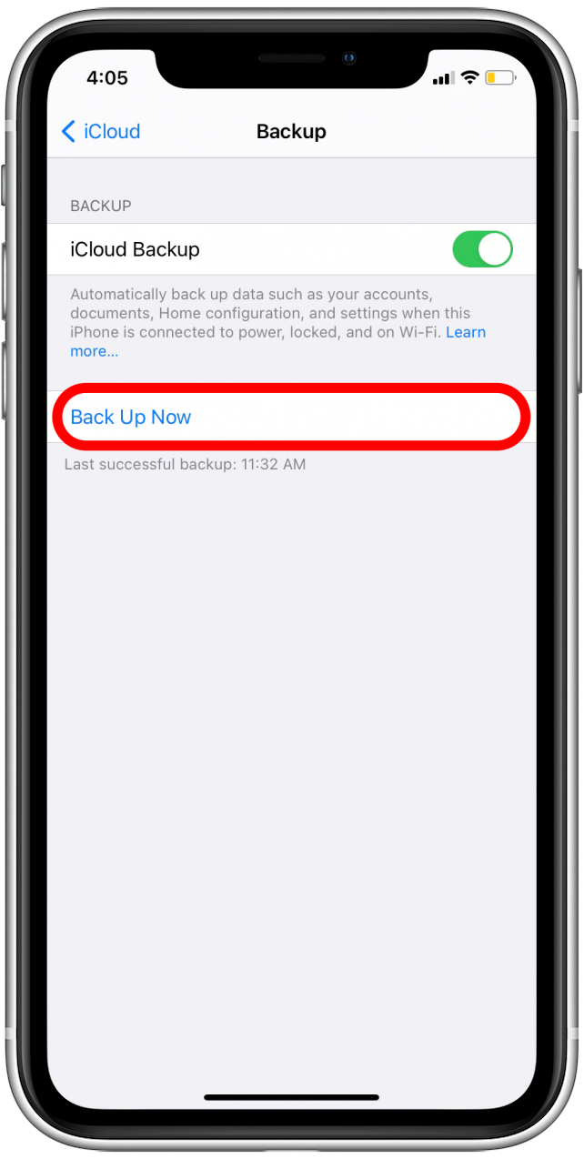 Appuyez sur Sauvegarder maintenant pour démarrer immédiatement une sauvegarde iCloud