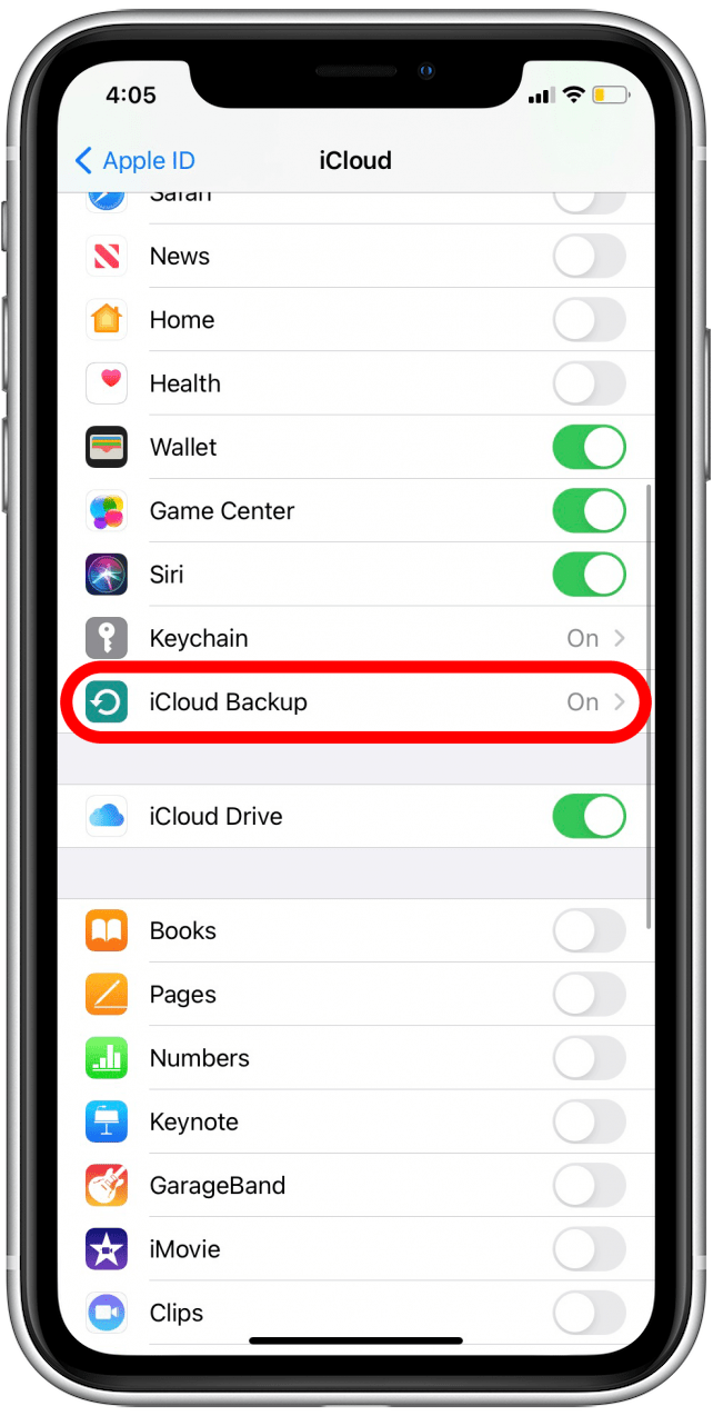 Appuyez sur Sauvegarde iCloud
