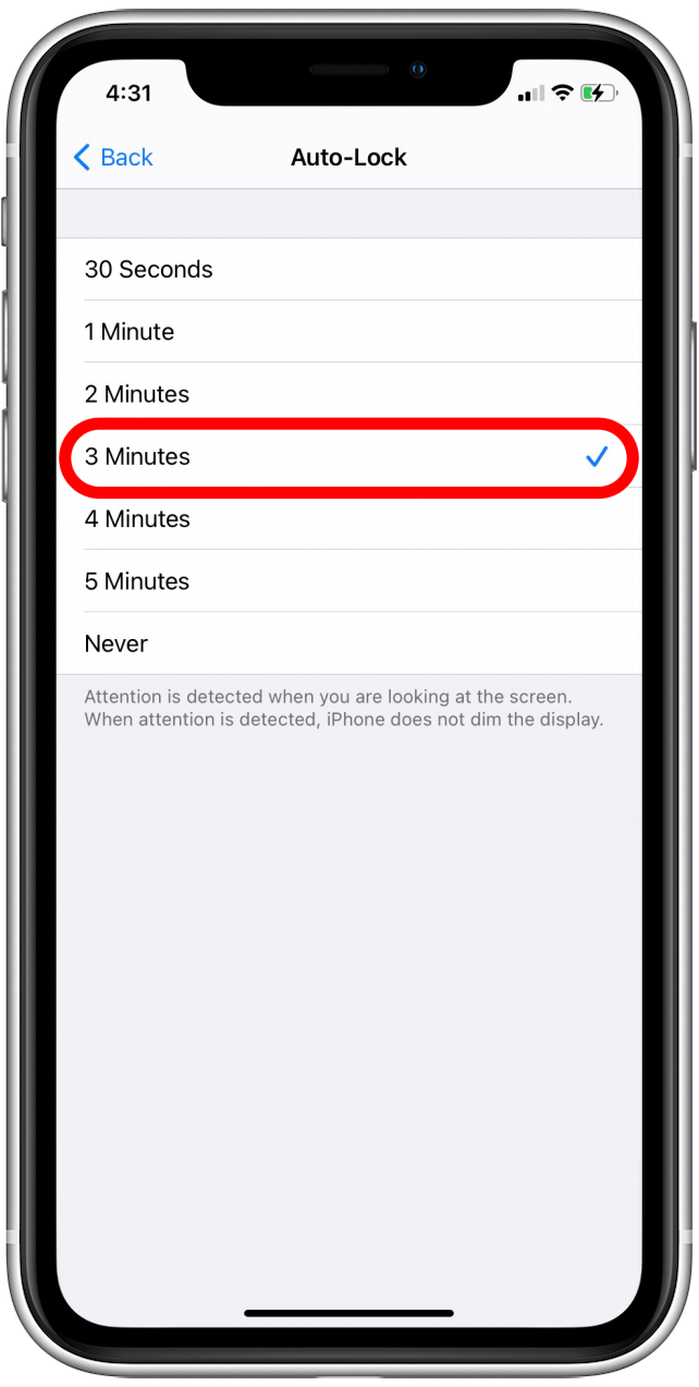 Sélectionnez un laps de temps pour le verrouillage automatique