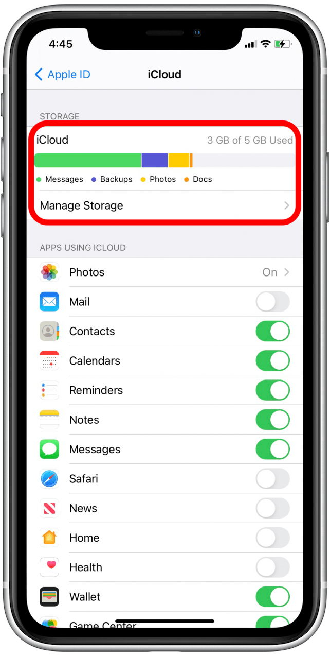 Le résumé du stockage iCloud sera en haut de l'écran