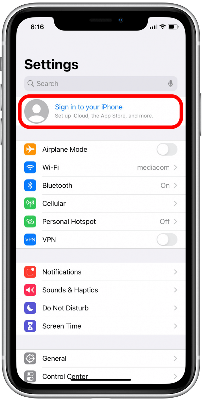 Appuyez sur le profil vide en haut pour vous connecter à iCloud