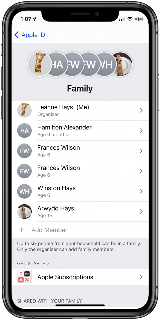 Liste de partage familial Apple