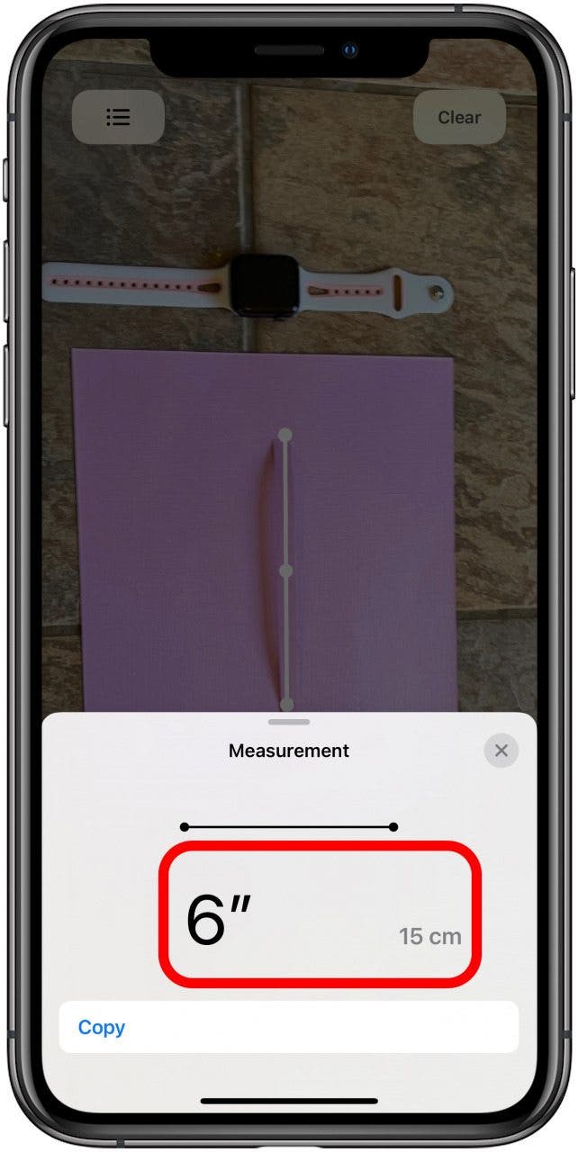 Appuyez sur la mesure pour la voir en centimètres.
