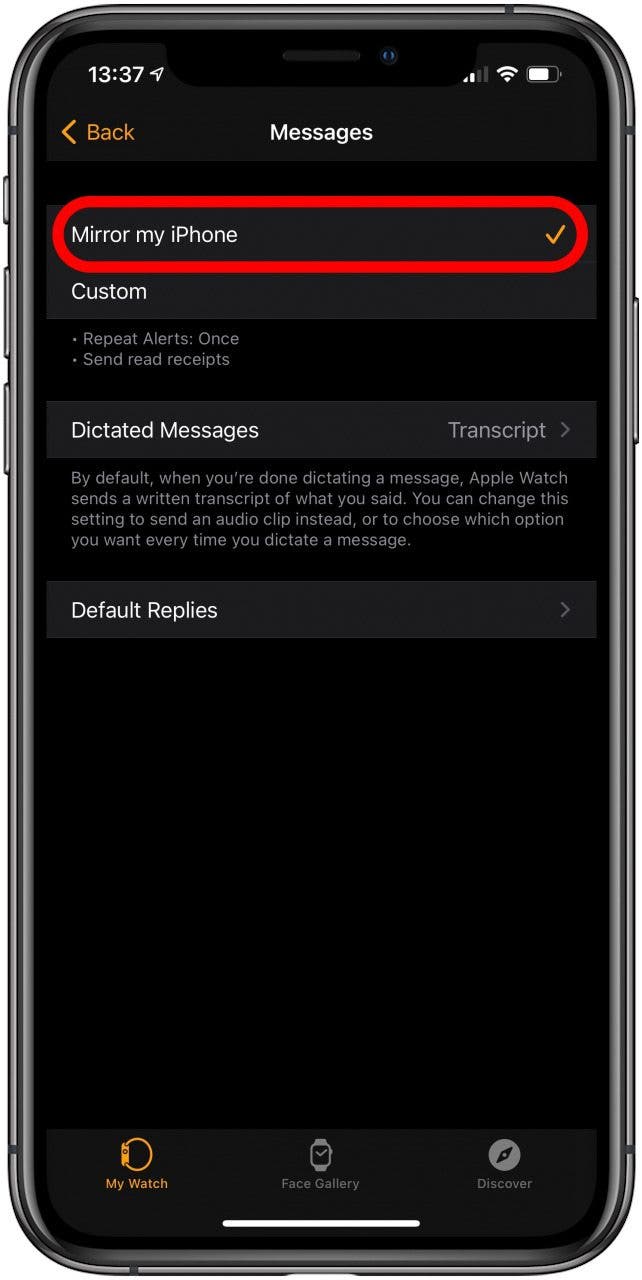 Assurez-vous que l'option Miroir de mon iPhone est cochée.