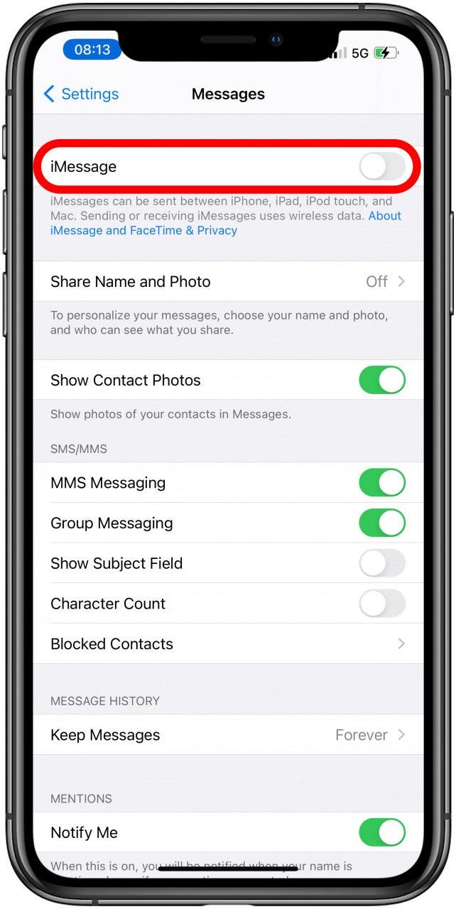 Désactivez iMessage et attendez quelques secondes.