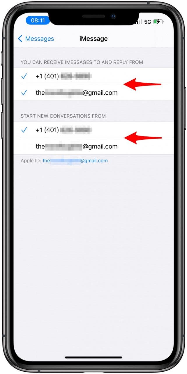 Assurez-vous que vous utilisez le même identifiant Apple sous DÉMARRER DE NOUVELLES CONVERSATIONS À PARTIR DE et VOUS POUVEZ RECEVOIR DES IMESSAGES À ET RÉPONDRE À PARTIR DE dans les paramètres de Messages.