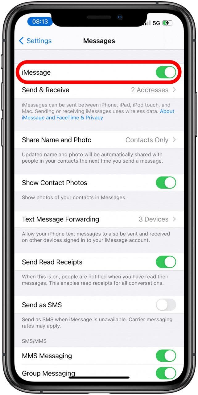 Réactivez iMessage.