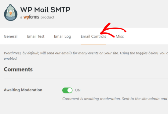 Onglet Contrôles de messagerie dans WP Mail SMTP Onglet Contrôles de messagerie dans WP Mail SMTP