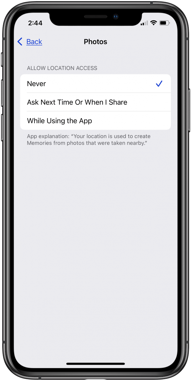 appuyez sur une option de paramètres de localisation