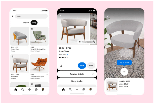 Essai Pinterest pour une fonctionnalité de décoration d'intérieur avec des meubles