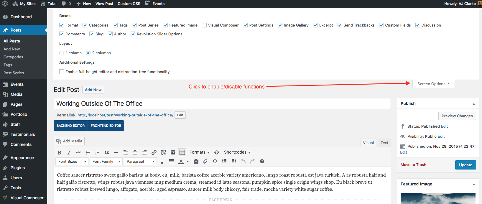 Options d'écran WordPress