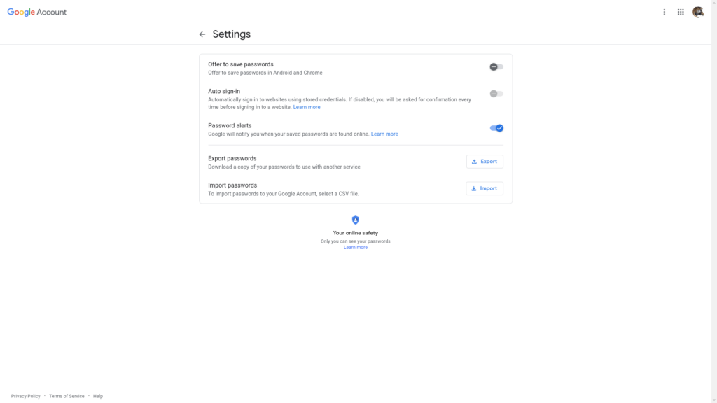 Paramètres Google Passwords et page d'exportation
