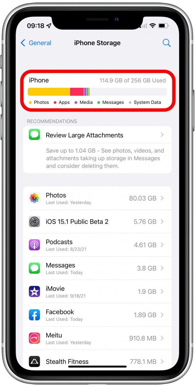 Ici, vous pouvez voir combien d'espace vous utilisez sur votre iPhone.