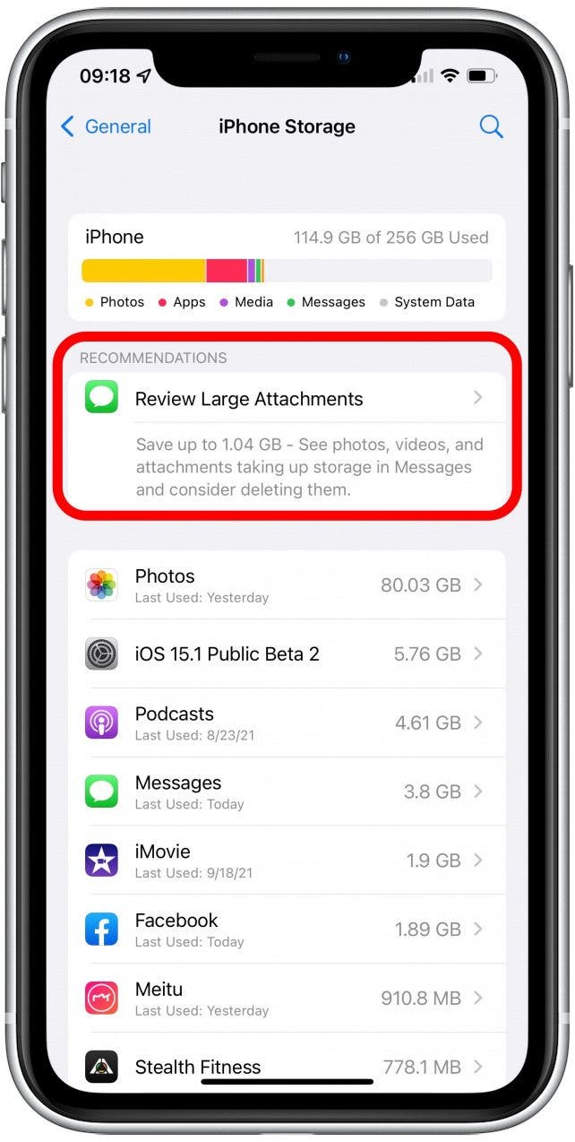 Si vous n'avez plus beaucoup d'espace de stockage, il peut y avoir des suggestions sous RECOMMANDATIONS sur ce qu'il faut supprimer.