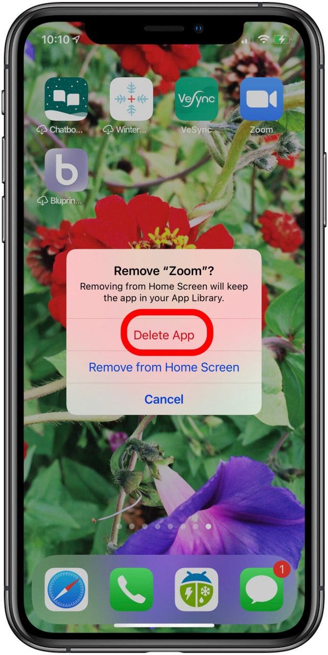 appuyez sur supprimer l'application et confirmez