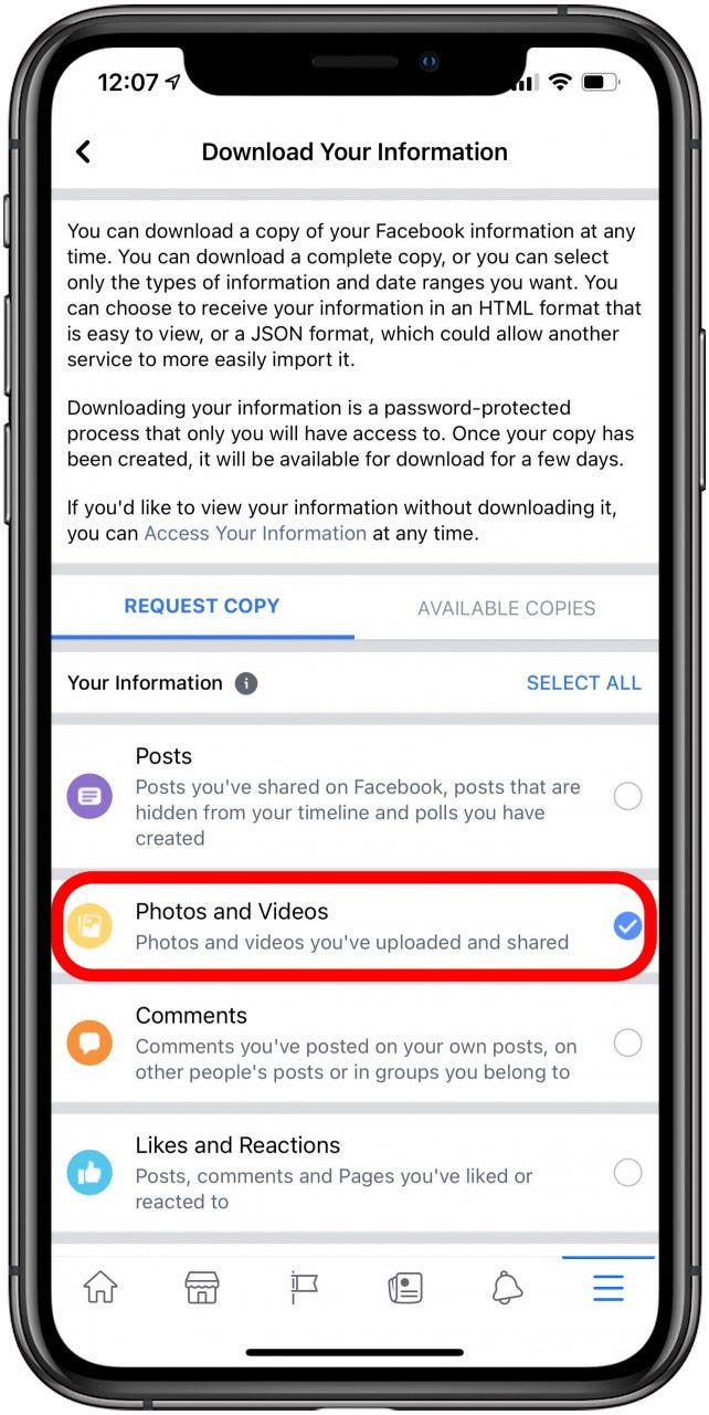 Faites défiler vers le bas et appuyez sur Télécharger vos informations.