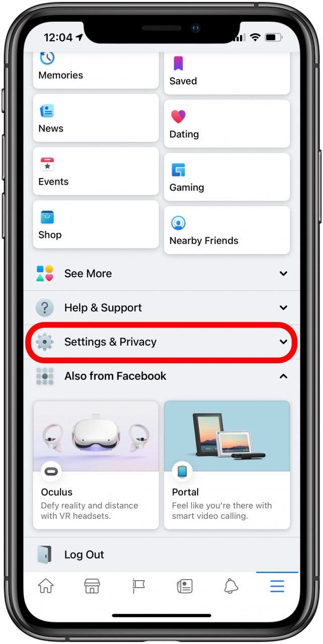 Faites défiler vers le bas pour appuyer sur Paramètres et confidentialité sur Facebook