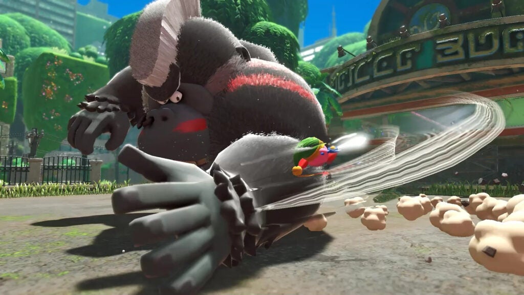 Kirby combattant le premier boss majeur de Kirby et la terre oubliée
