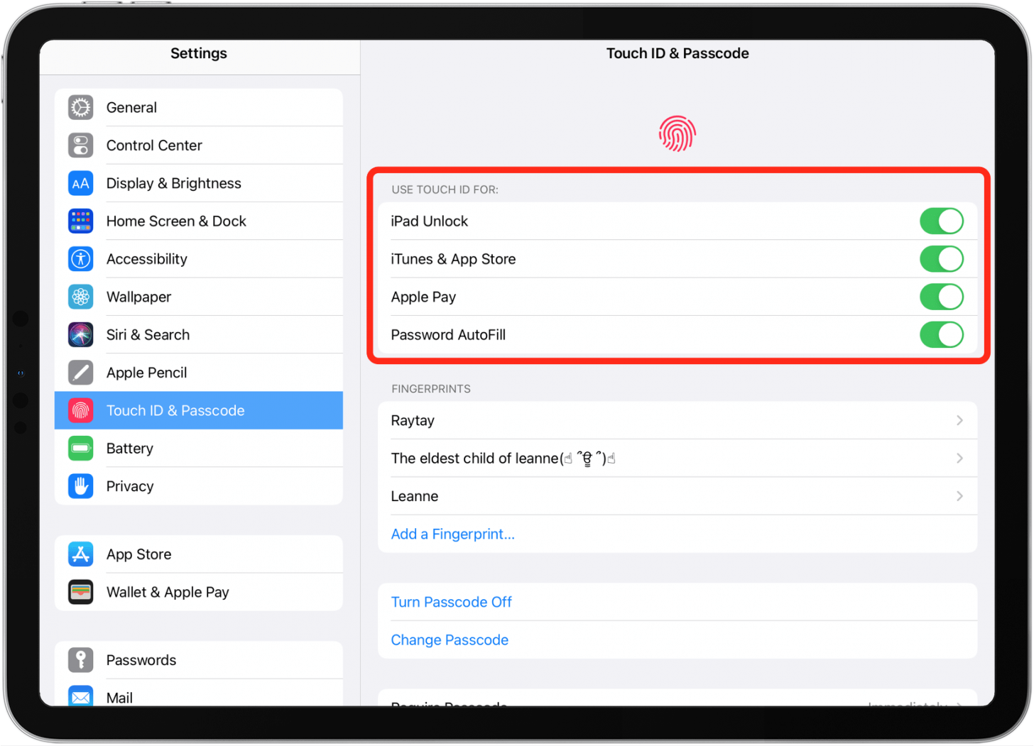 ID tactile pour les applications iPad