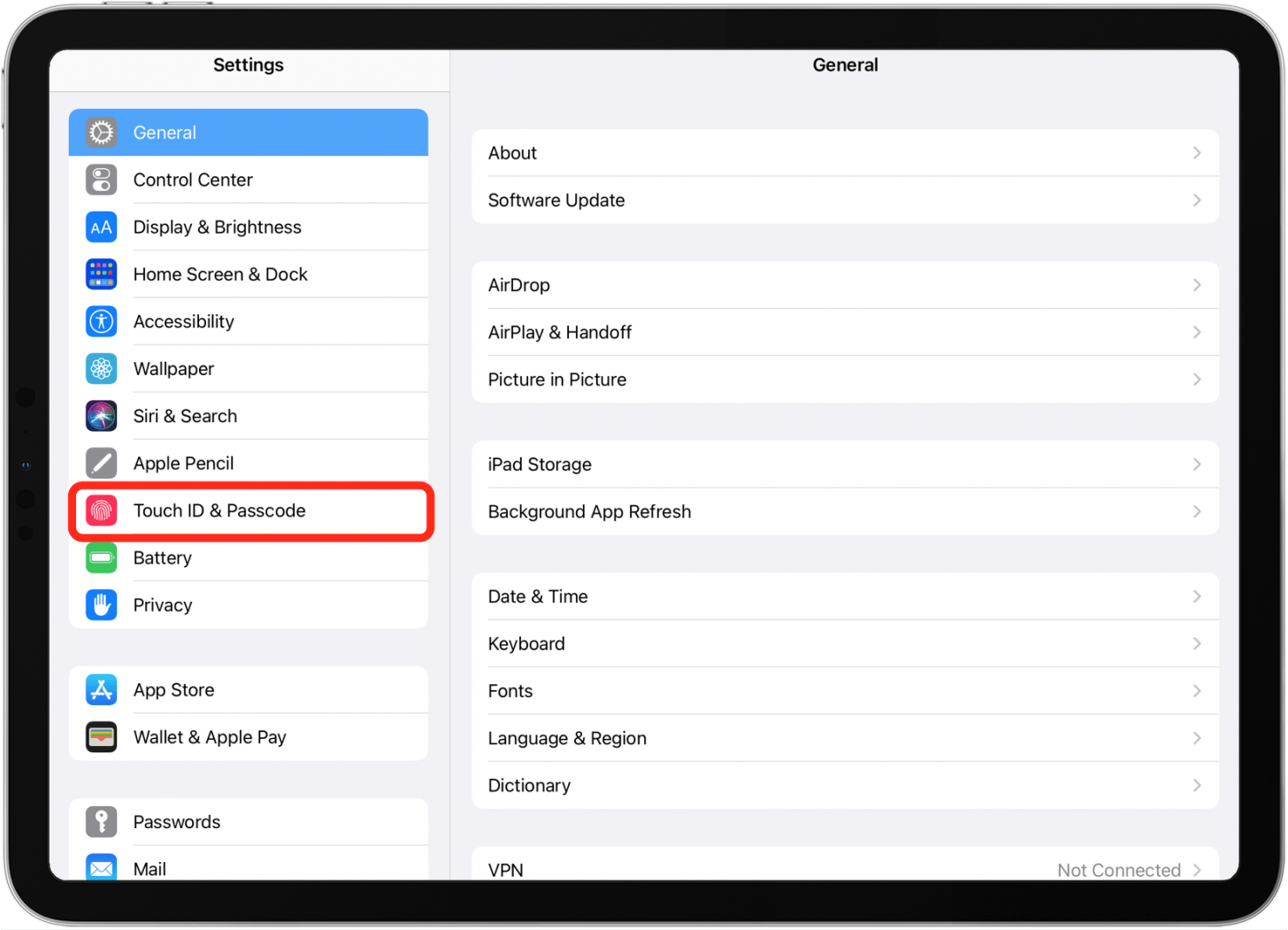 paramètres d'identification tactile sur ipad