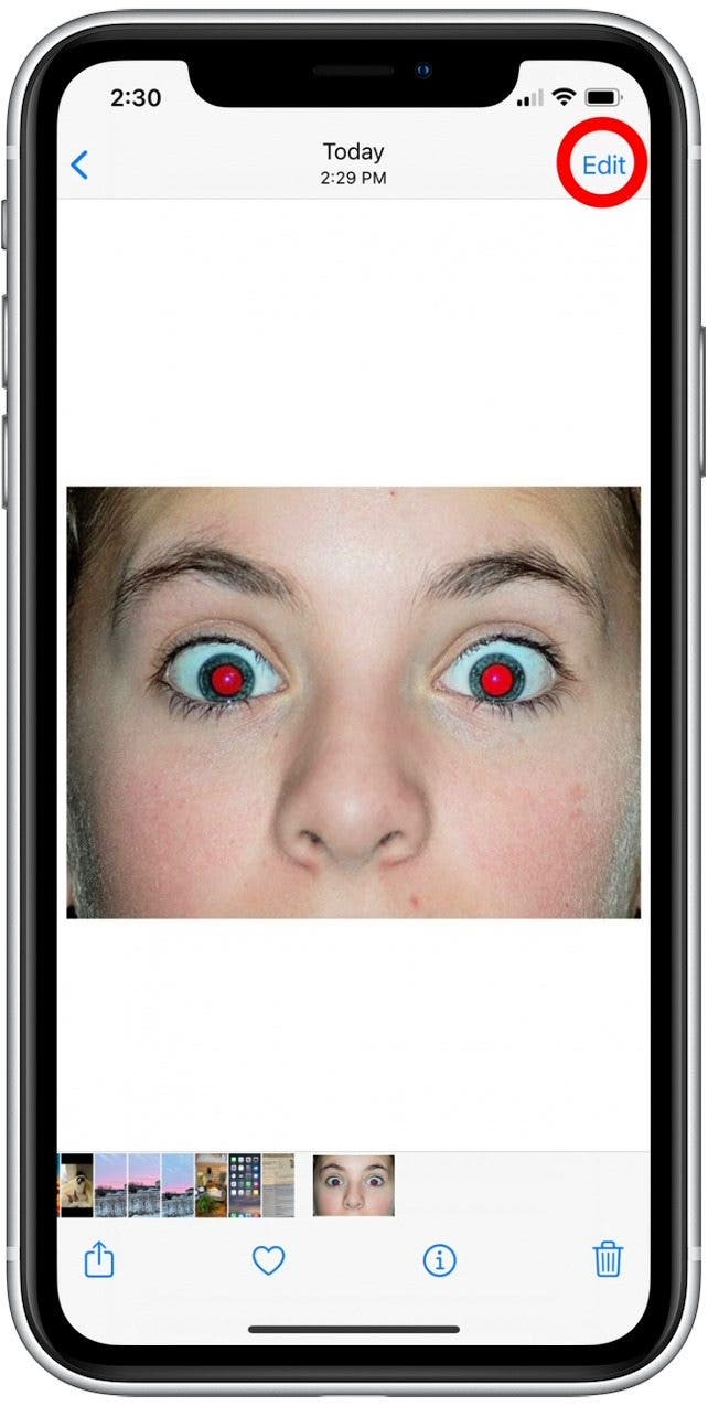 Appuyez sur Modifier pour supprimer les yeux rouges.
