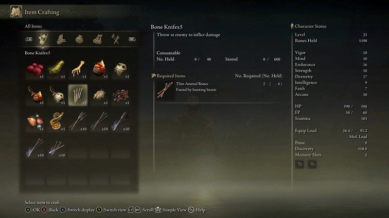 Trucs et astuces Elden Ring - écran d'artisanat