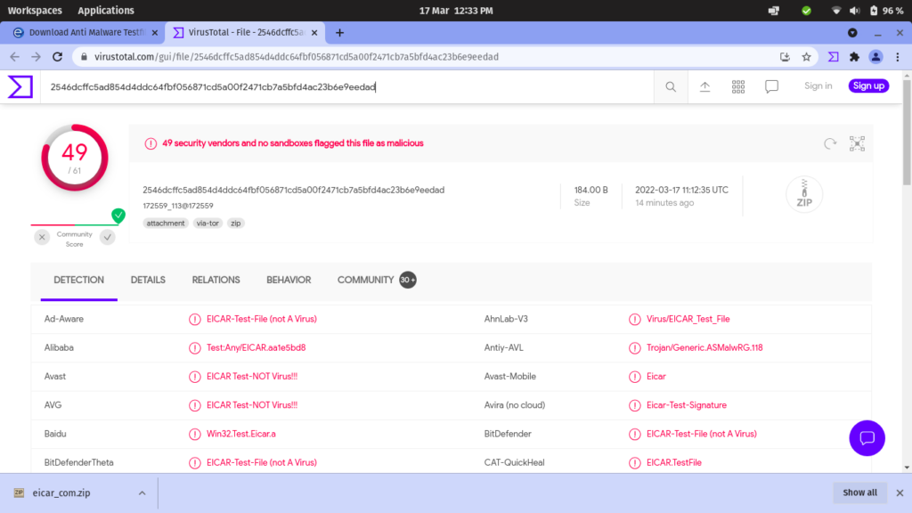 La page de résultats de VirusTotal affiche un grand nombre d'avertissements de logiciels malveillants en texte rouge