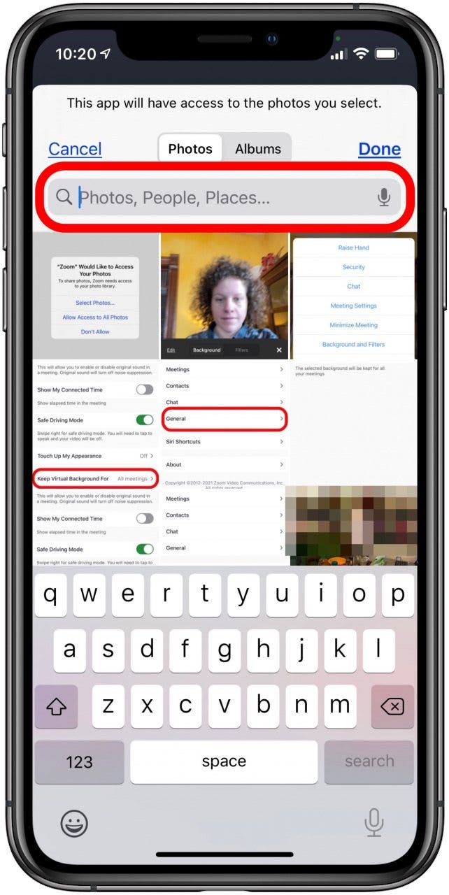 appuyez sur le champ de recherche pour trouver des photos pour l'arrière-plan du zoom
