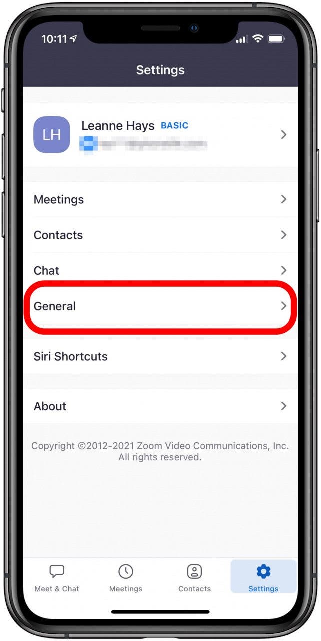 paramètres généraux de l'application de zoom