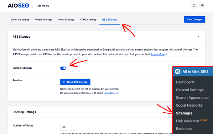 Réglage du sitemap RSS WordPress dans AIOSEO Réglage du sitemap RSS WordPress dans AIOSEO