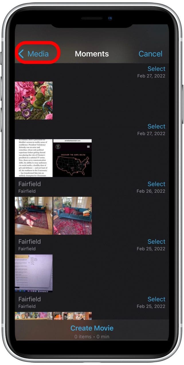 Appuyez sur Média dans le coin supérieur gauche.