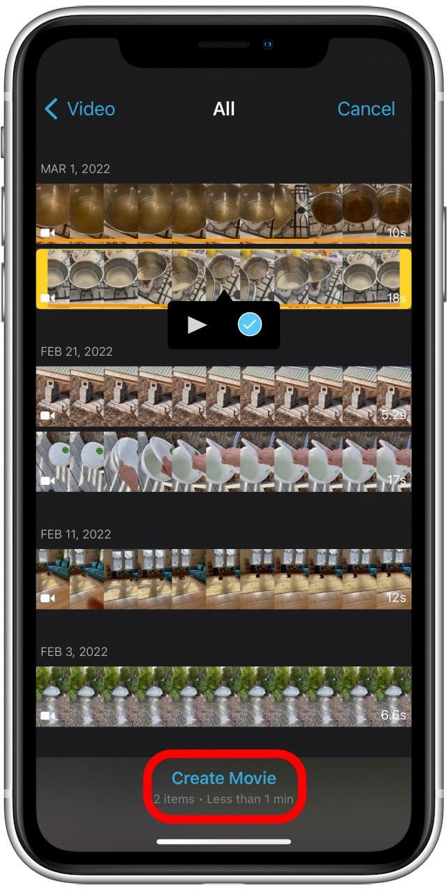 Lorsque tous les clips vidéo souhaités sont cochés, appuyez sur Créer un film en bas de l'écran. En dessous, vous pouvez voir le nombre d'éléments que vous avez cochés et la durée totale de la vidéo combinée.