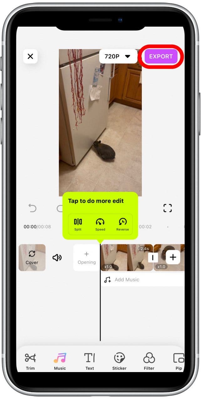 Une fois que vous avez effectué les autres modifications souhaitées, appuyez sur le bouton EXPORTER dans le coin supérieur droit pour enregistrer la vidéo combinée et la partager à l'emplacement de votre choix.