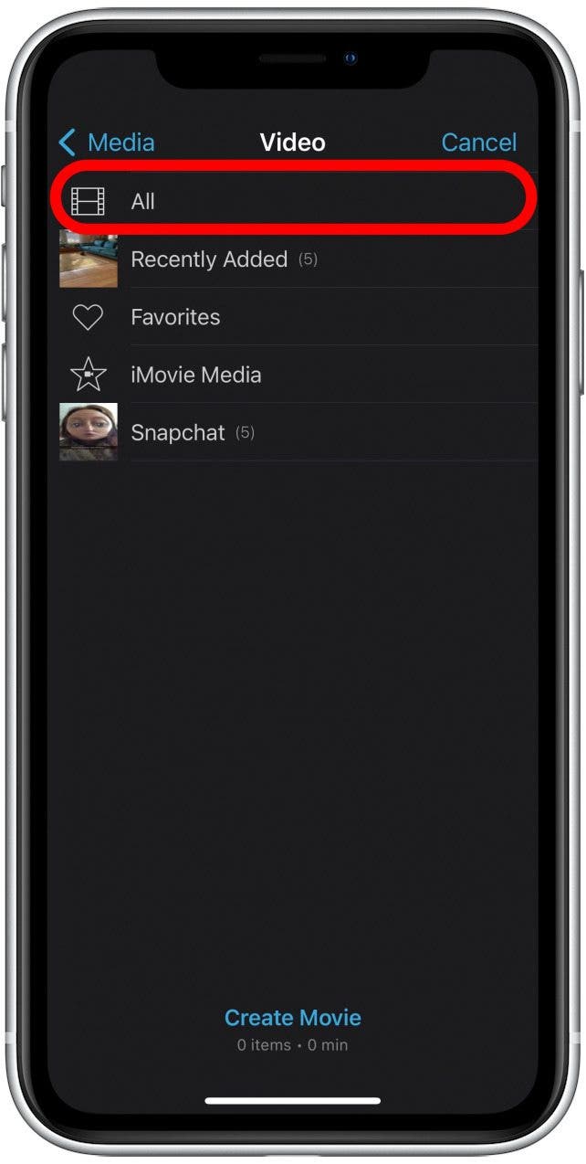 Appuyez sur Tout pour voir toutes vos vidéos, ou tout autre dossier spécifique si vous savez qu'il contient les vidéos que vous souhaitez fusionner.